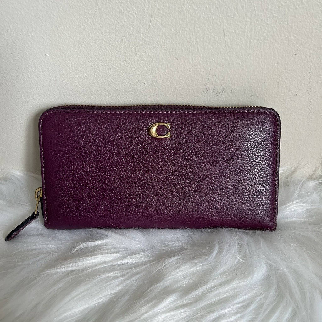 Coach Accordion Zip Wallet Deep Berry Pebbled Leather Excellent