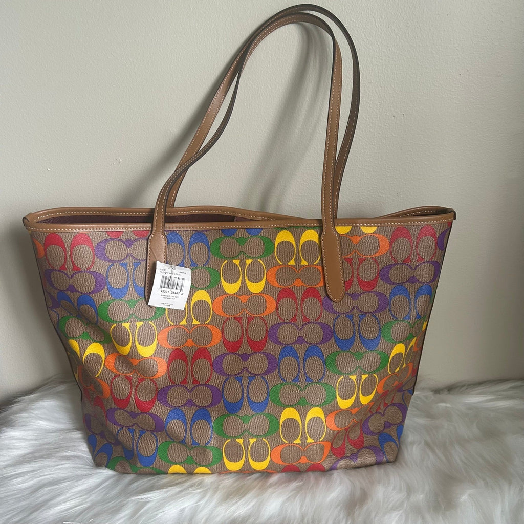 Coach Rainbow Signature Light Saddle Coated Canvas City Tote Bag NEW