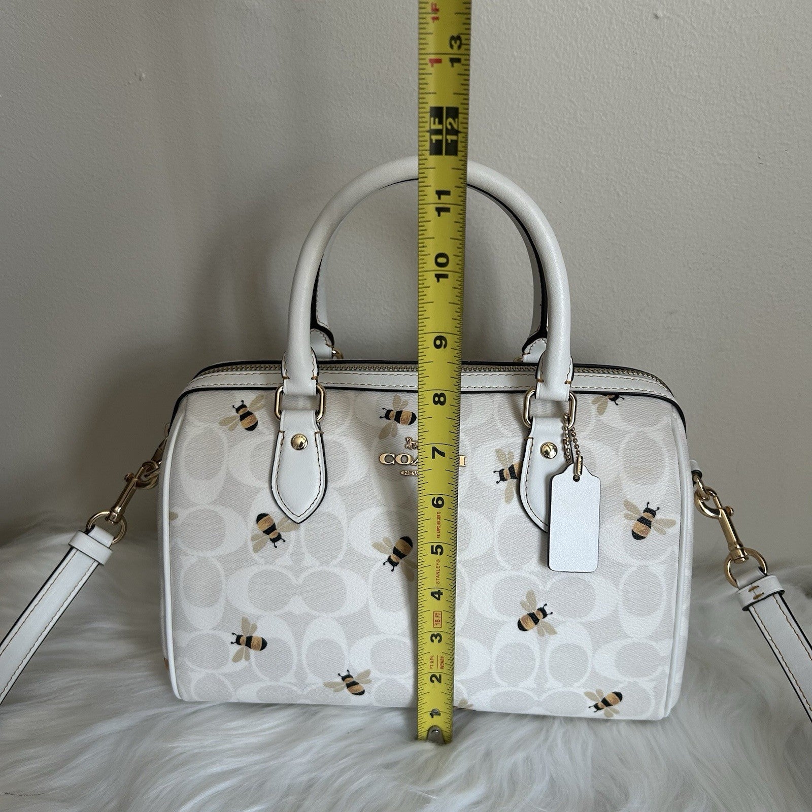 Coach Rowan Satchel Chalk White Bee Signature Canvas Leather Bag Excellent