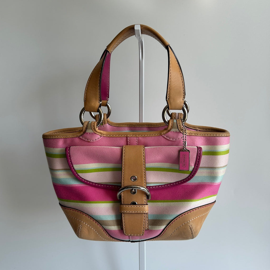 Coach Hampton Stripe Pink Canvas Leather Satchel Bag M053-1888 Fair