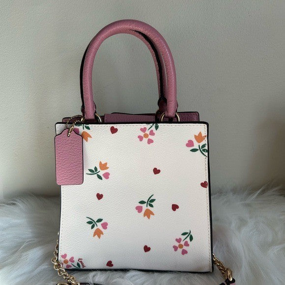 Coach North South Lonnie Tote White Pink Floral Leather Crossbody Excellent