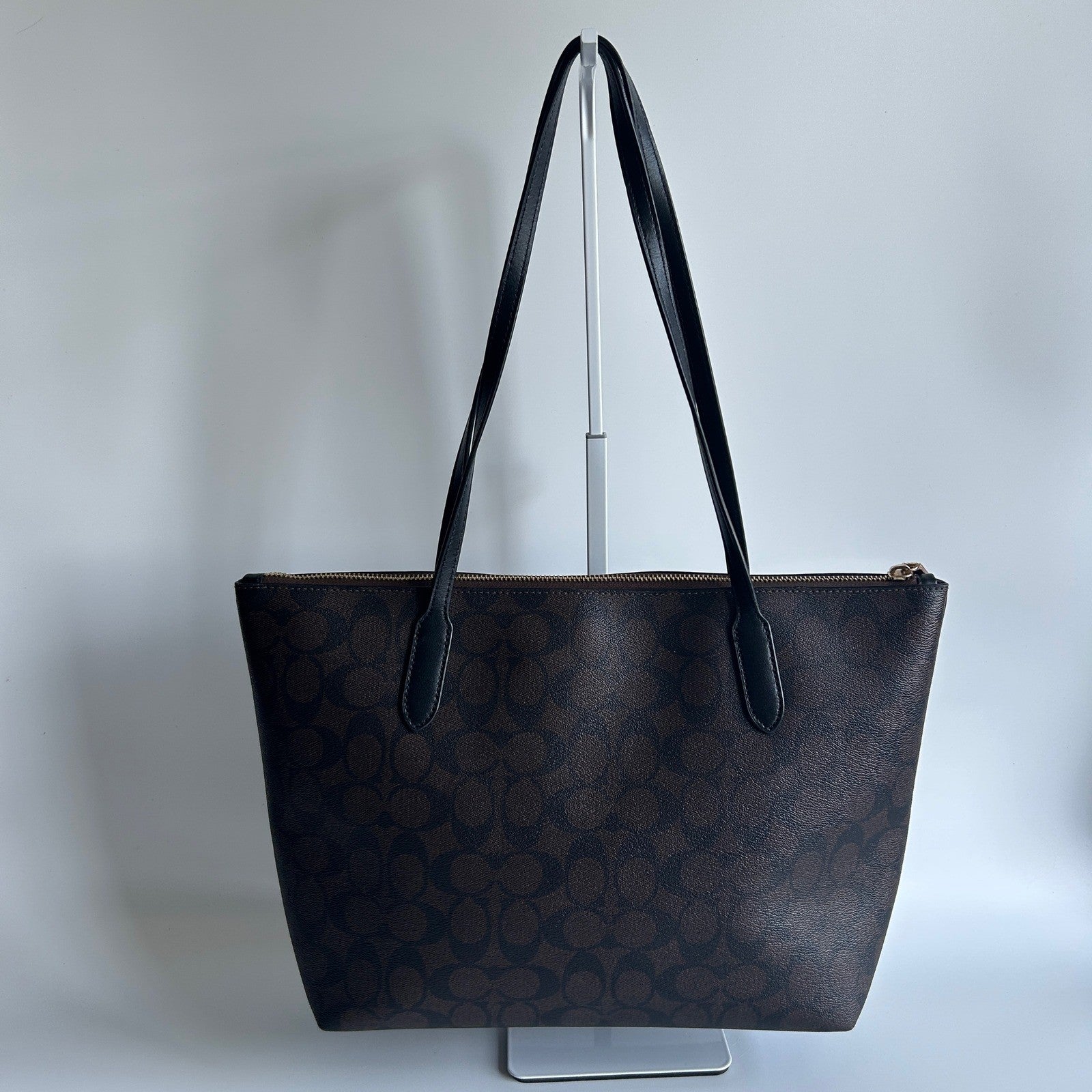 Coach Zip Top Tote Brown Signature Canvas Leather Bag 4455 Good