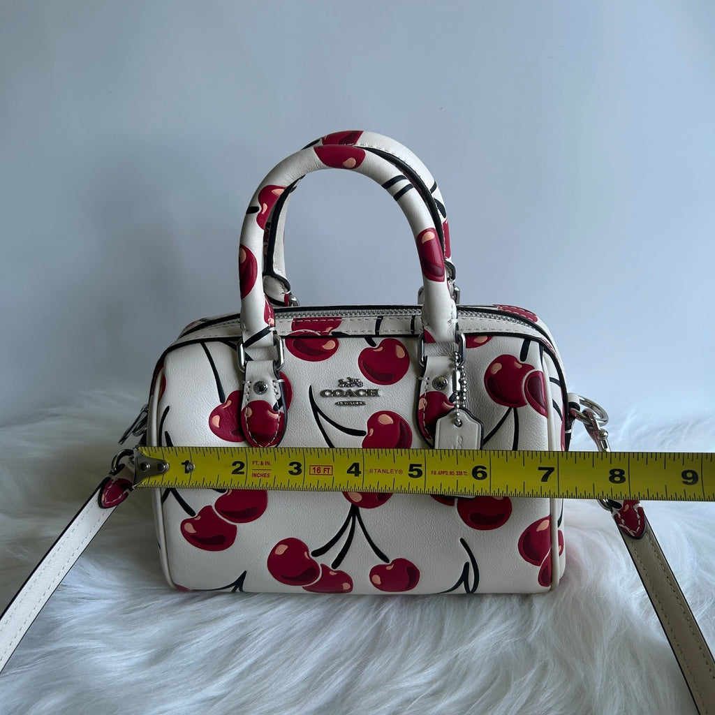 Coach Mini Rowan Satchel Chalk White Cherry Print Leather Crossbody Excellent
