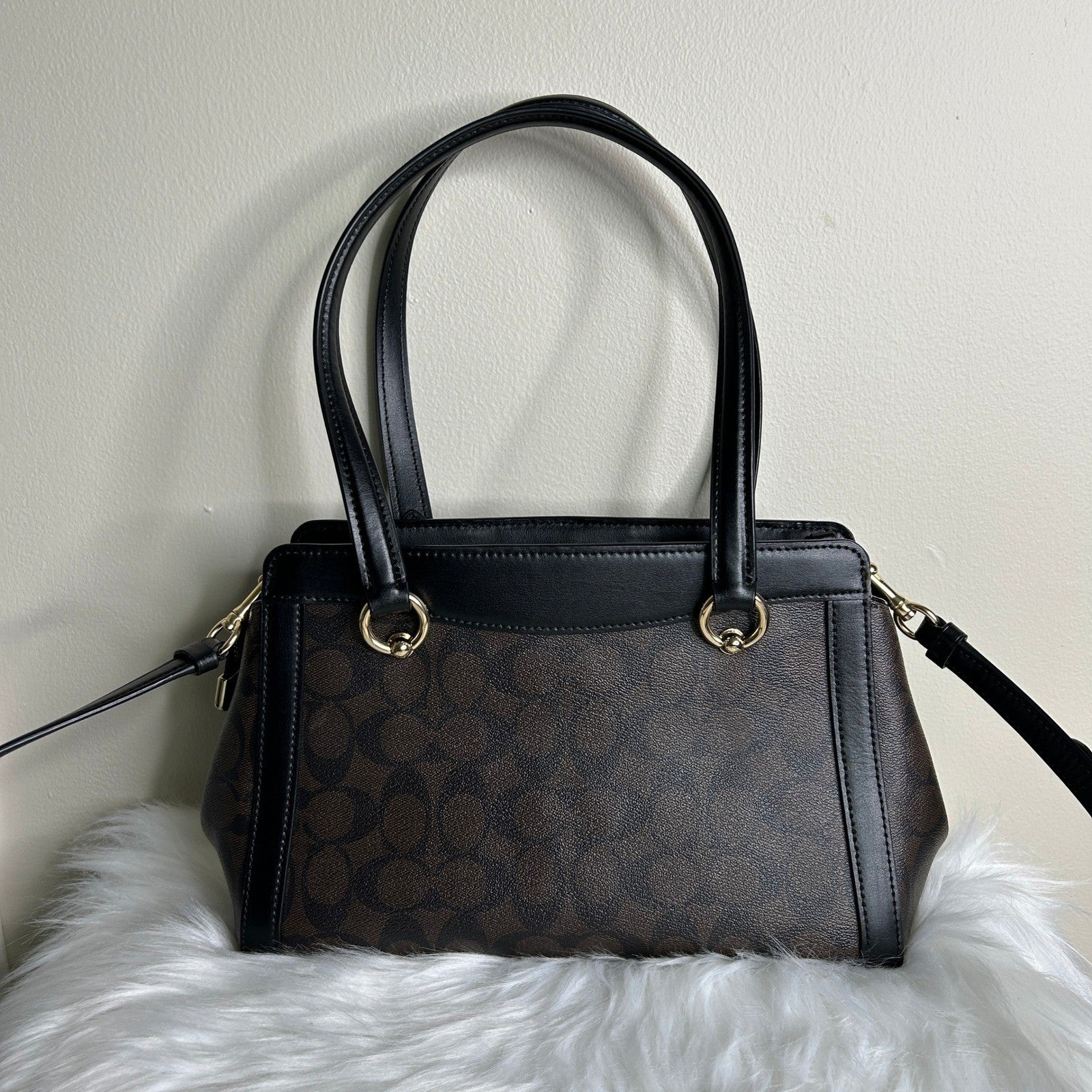 Coach Kailey Carryall Brown Black Signature Canvas Leather Bag Excellent