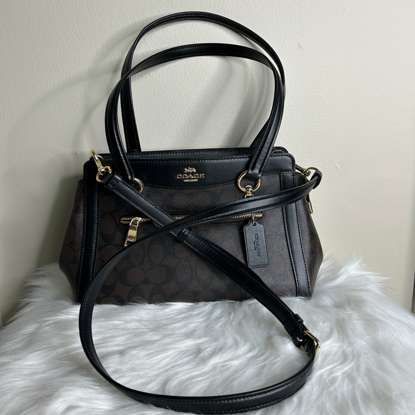 Coach Kailey Carryall Brown Black Signature Canvas Leather Bag Excellent