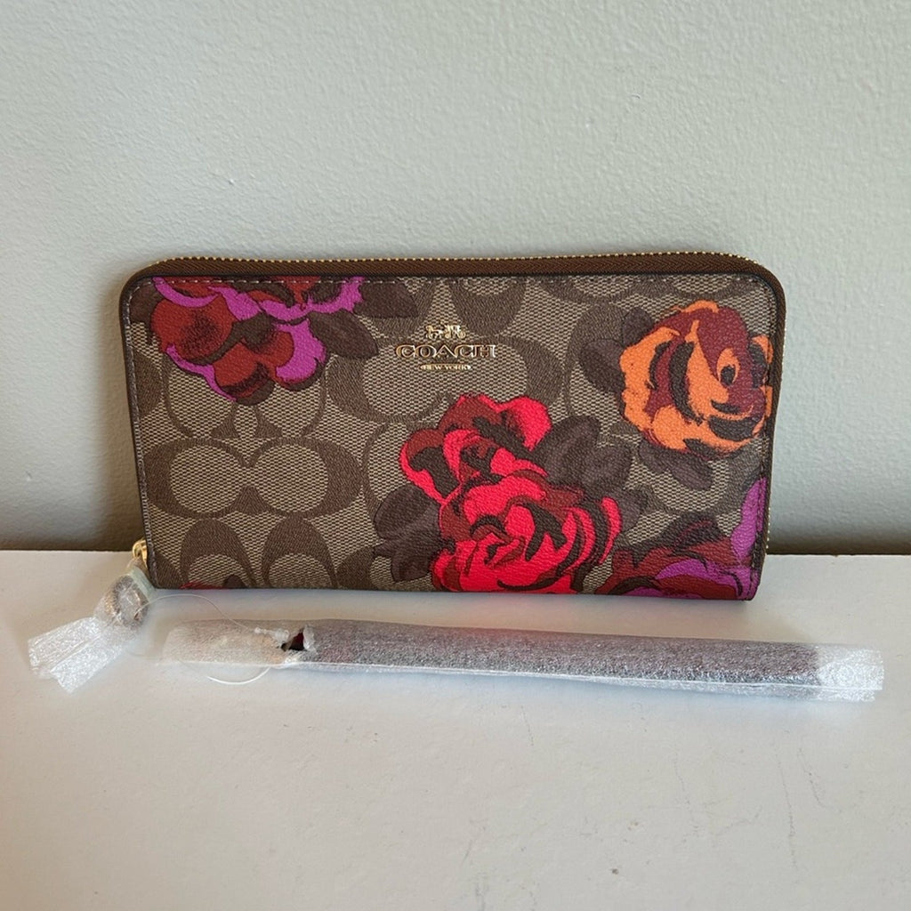 Coach Accordion Zip Rose Print Tan Signature Canvas Wallet NEW