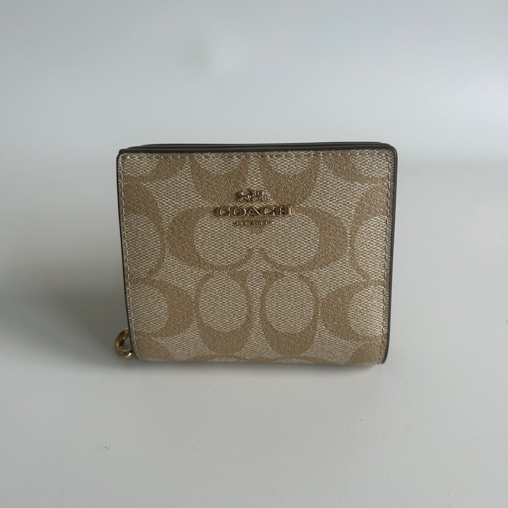 Coach Snap Wallet Khaki Saddle Signature Canvas Bifold Wallet Excellent