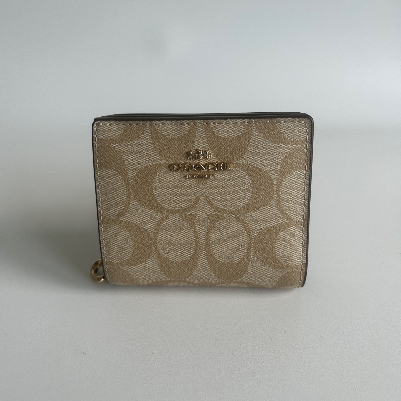 Coach Snap Wallet Khaki Saddle Signature Canvas Bifold Wallet Excellent