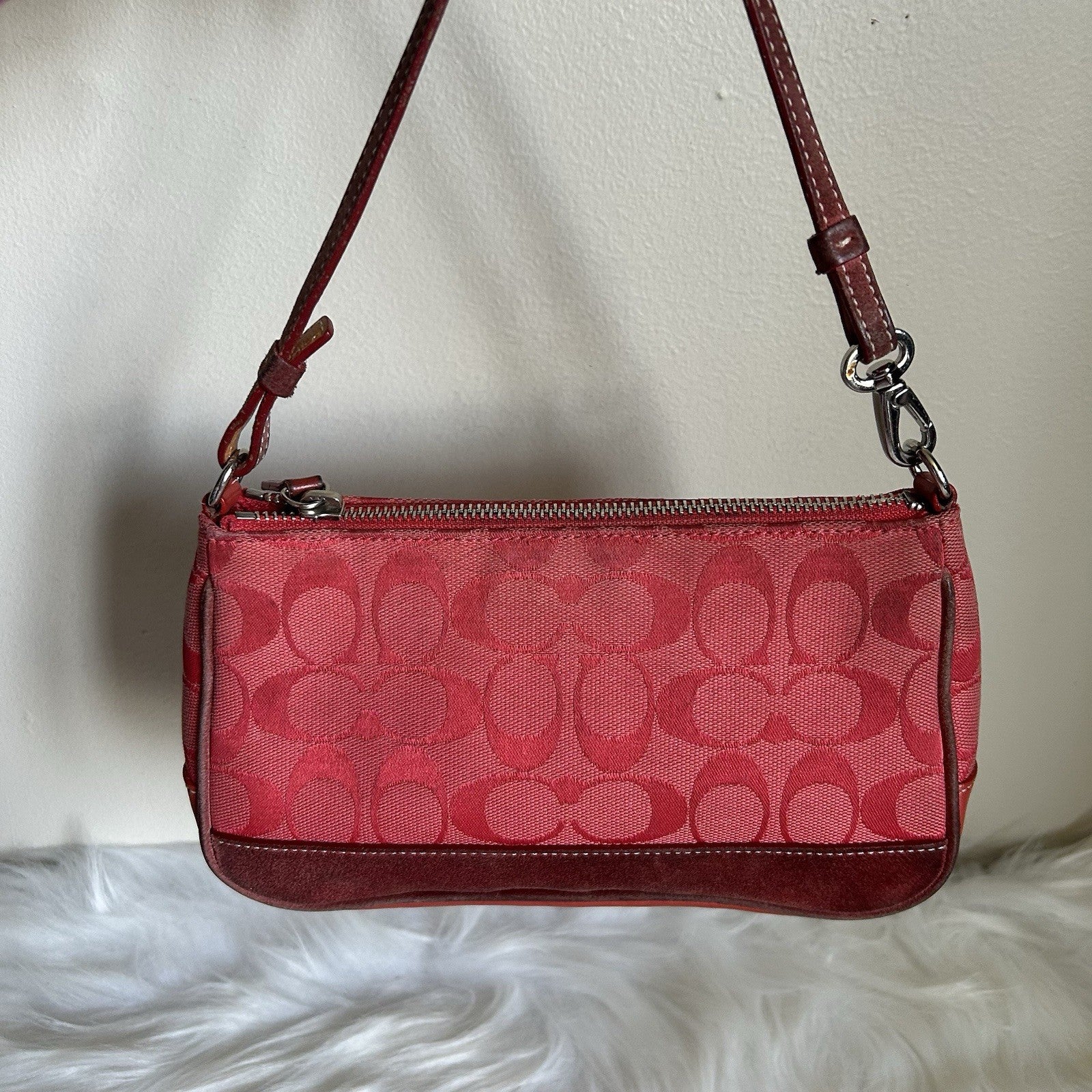 Coach Signature Orange Jacquard Suede Demi Pouch Baguette Handbag