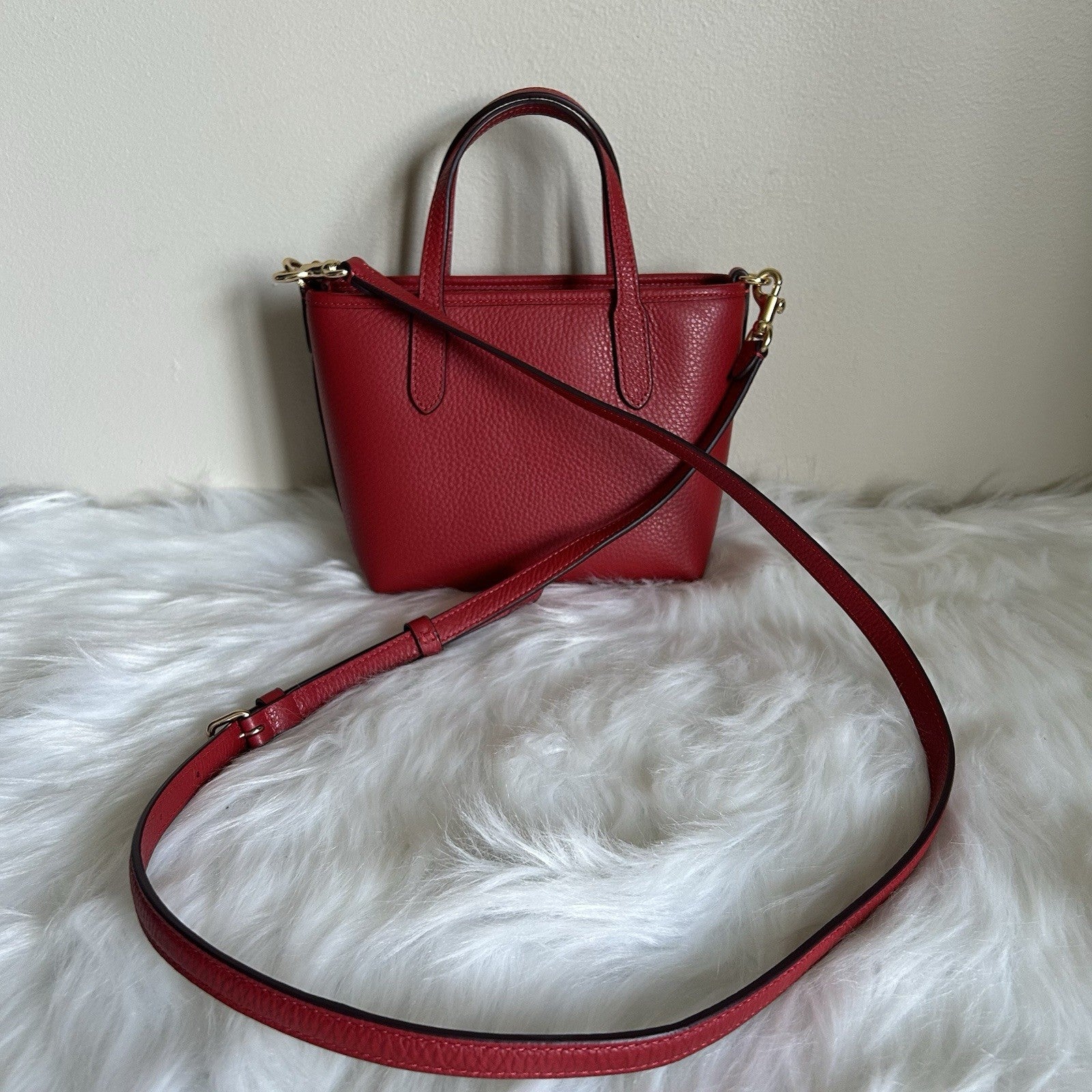 Coach Mini City Tote Red Pebbled Leather Shoulder Bag Excellent