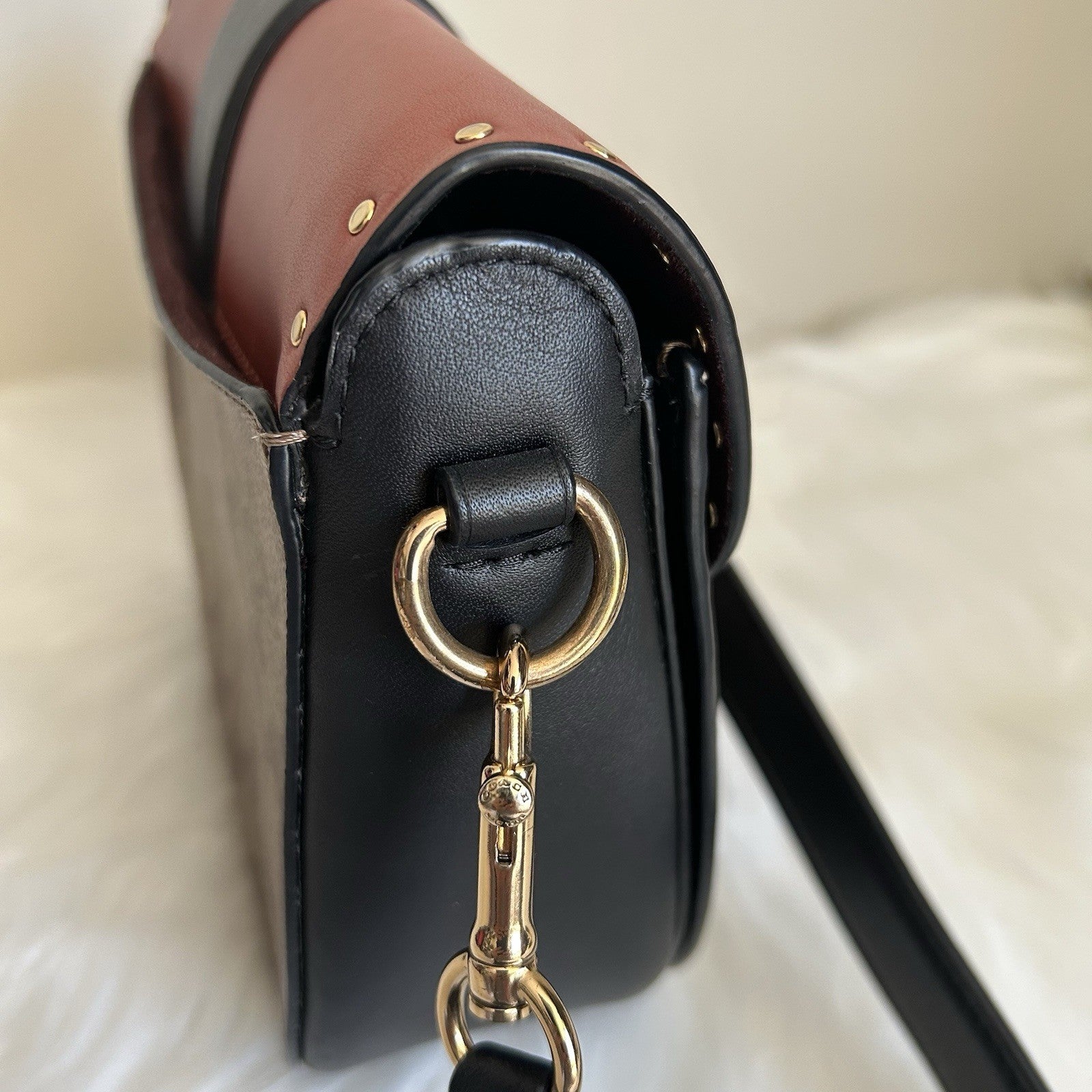Coach Georgie Saddle Bag Brown Black Signature Canvas Leather Excellent