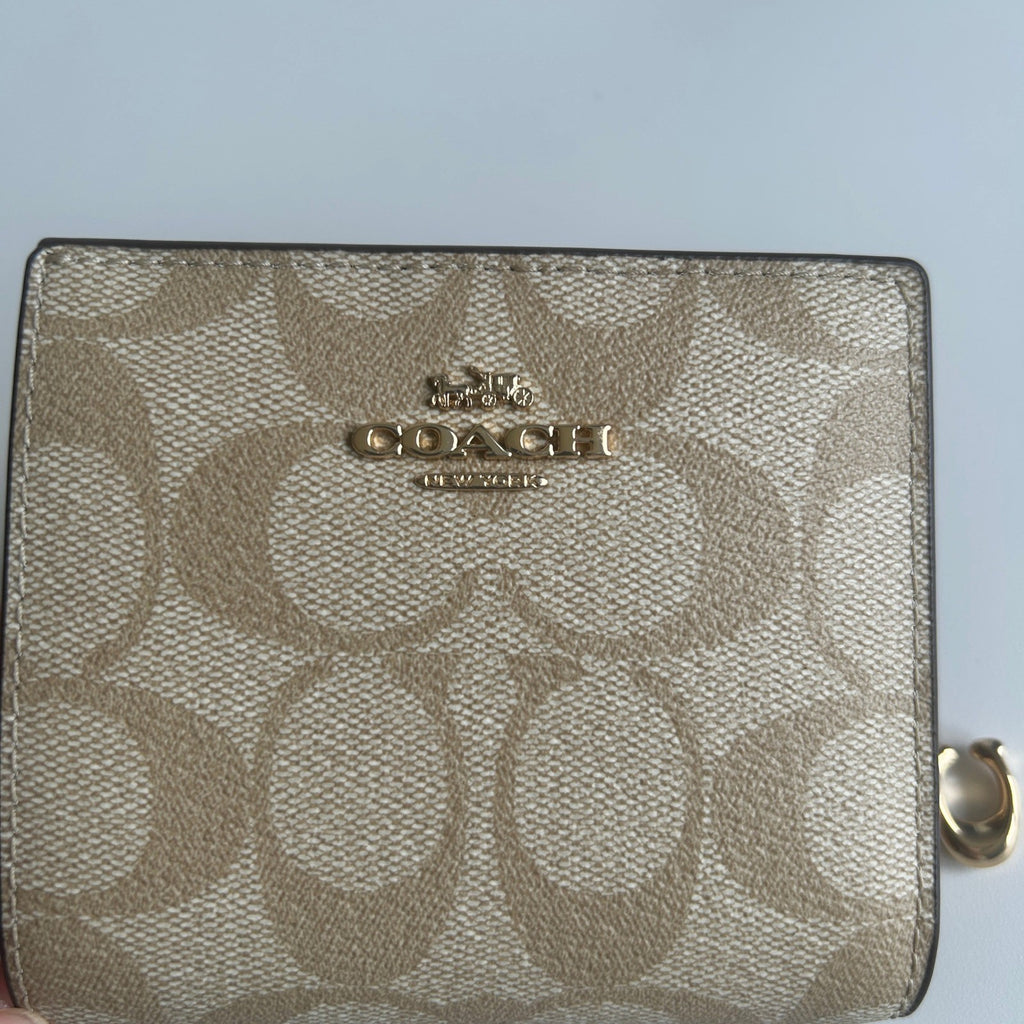 Coach Snap Wallet Khaki Saddle Signature Canvas Bifold Wallet Excellent