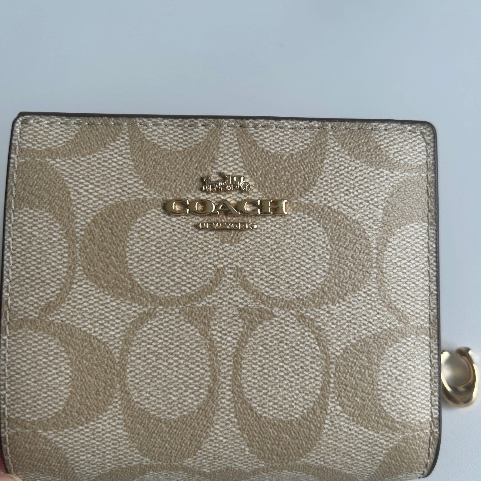 Coach Snap Wallet Khaki Saddle Signature Canvas Bifold Wallet Excellent