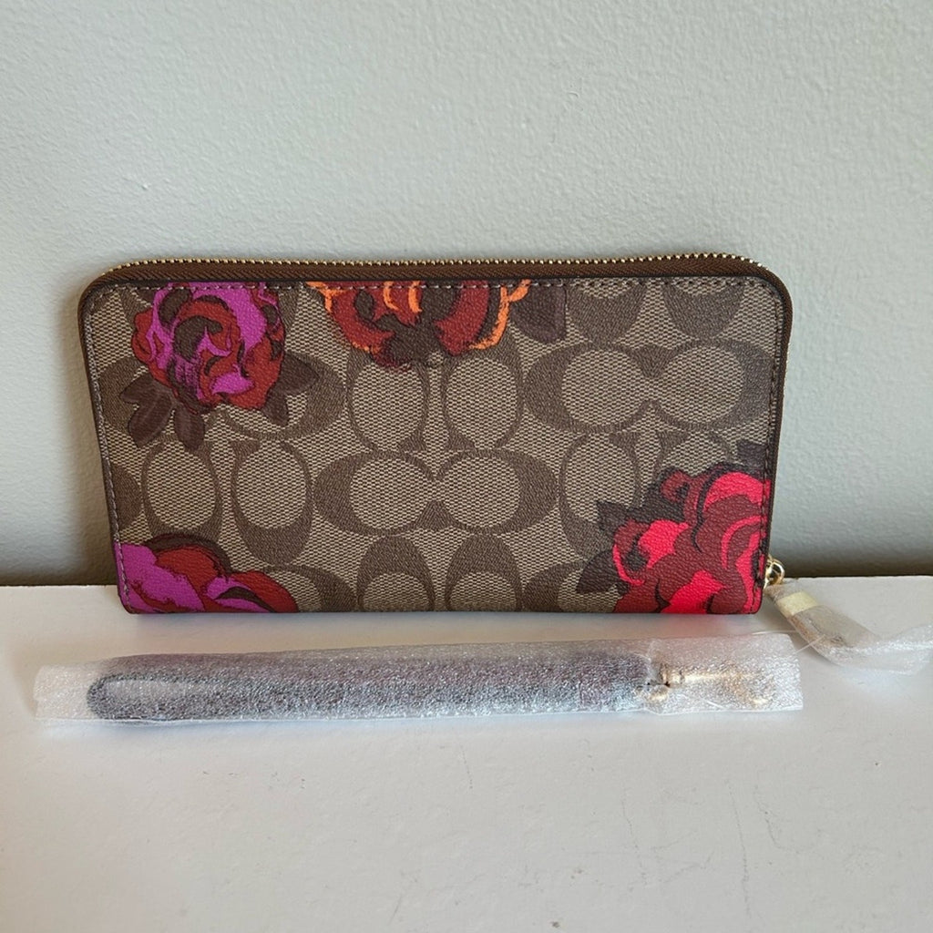 Coach Accordion Zip Rose Print Tan Signature Canvas Wallet NEW