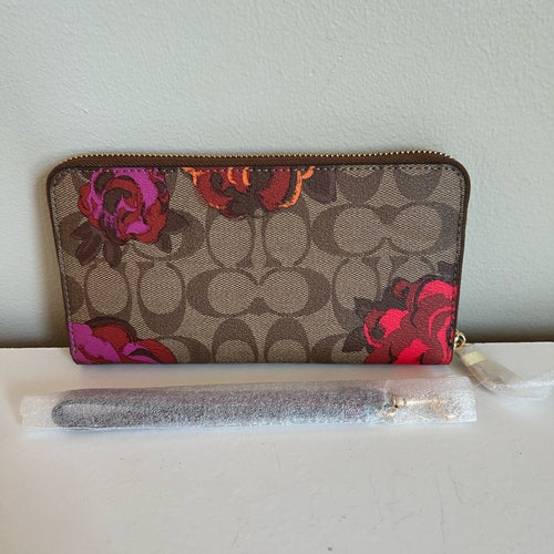 Coach Accordion Zip Rose Print Tan Signature Canvas Wallet NEW