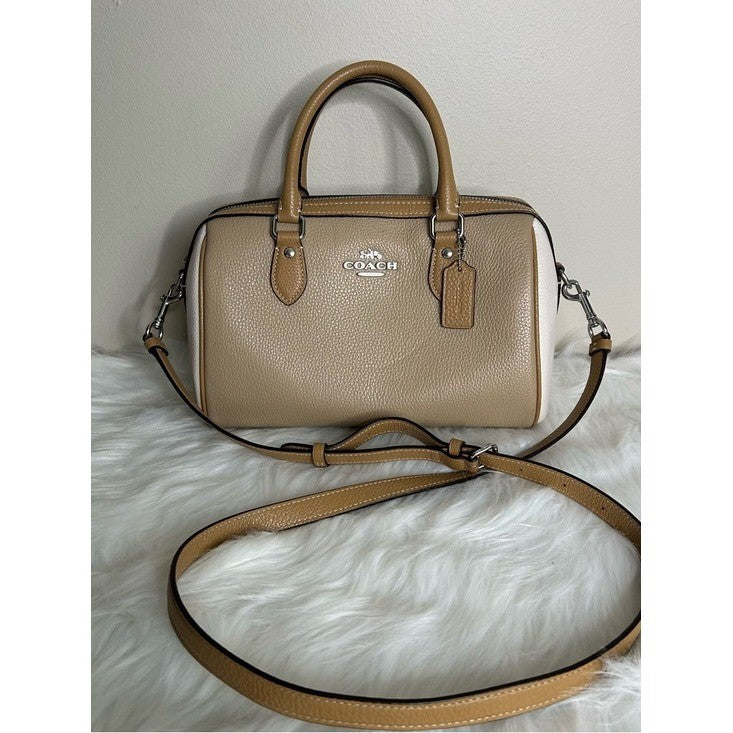 Coach Rowan Satchel Taupe Chalk White Pebbled Leather Bag Excellent