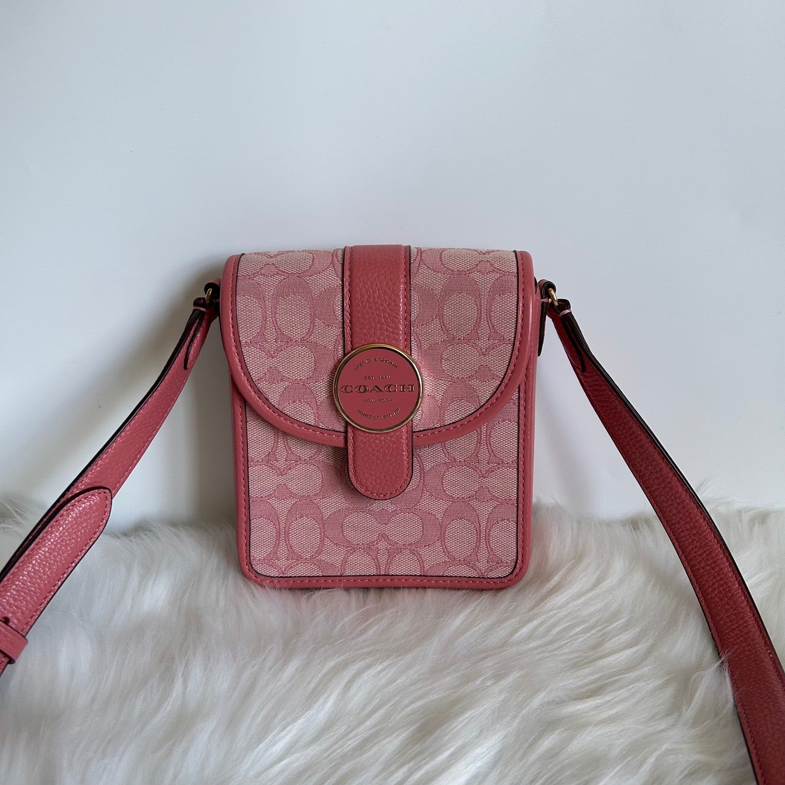 Coach North/South Lonnie Pink Signature Jacquard Leather Crossbody Bag Excellent