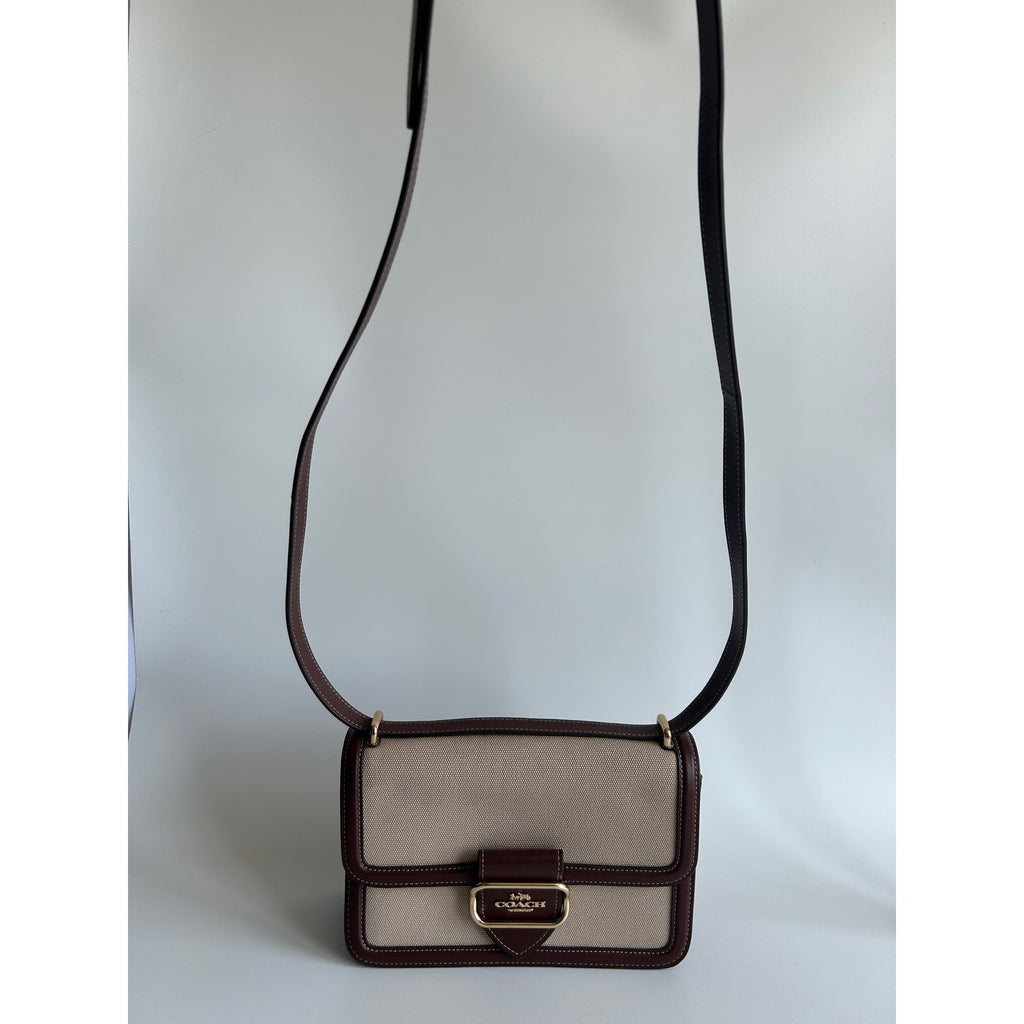 Coach Morgan Burgundy Leather Beige Canvas Shoulder Bag CS191 Excellent