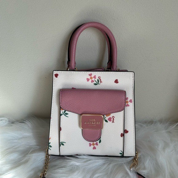 Coach North South Lonnie Tote White Pink Floral Leather Crossbody Excellent