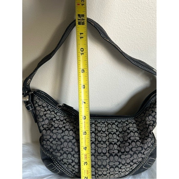 Coach Signature Small Hobo Black Gray Canvas Leather Shoulder Bag E062-2154 Good