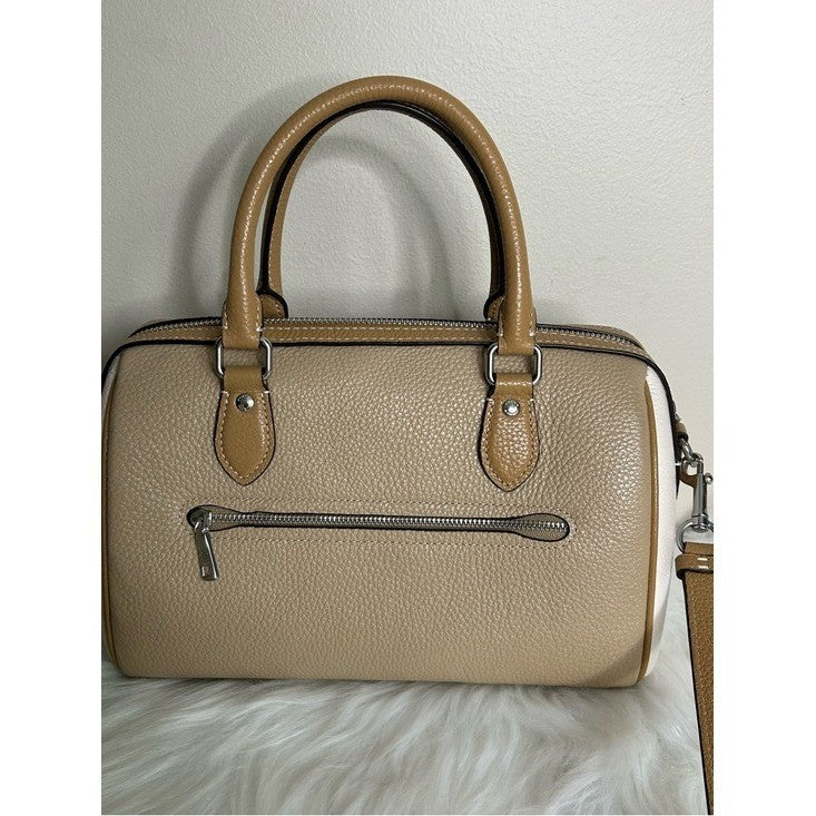 Coach Rowan Satchel Taupe Chalk White Pebbled Leather Bag Excellent