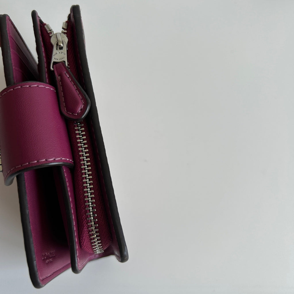 Coach Medium Corner Zip Wallet Khaki Fuchsia Floral Canvas Leather Excellent