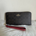 Coach Long Zip Around Wallet Walnut True Red Signature Canvas New
