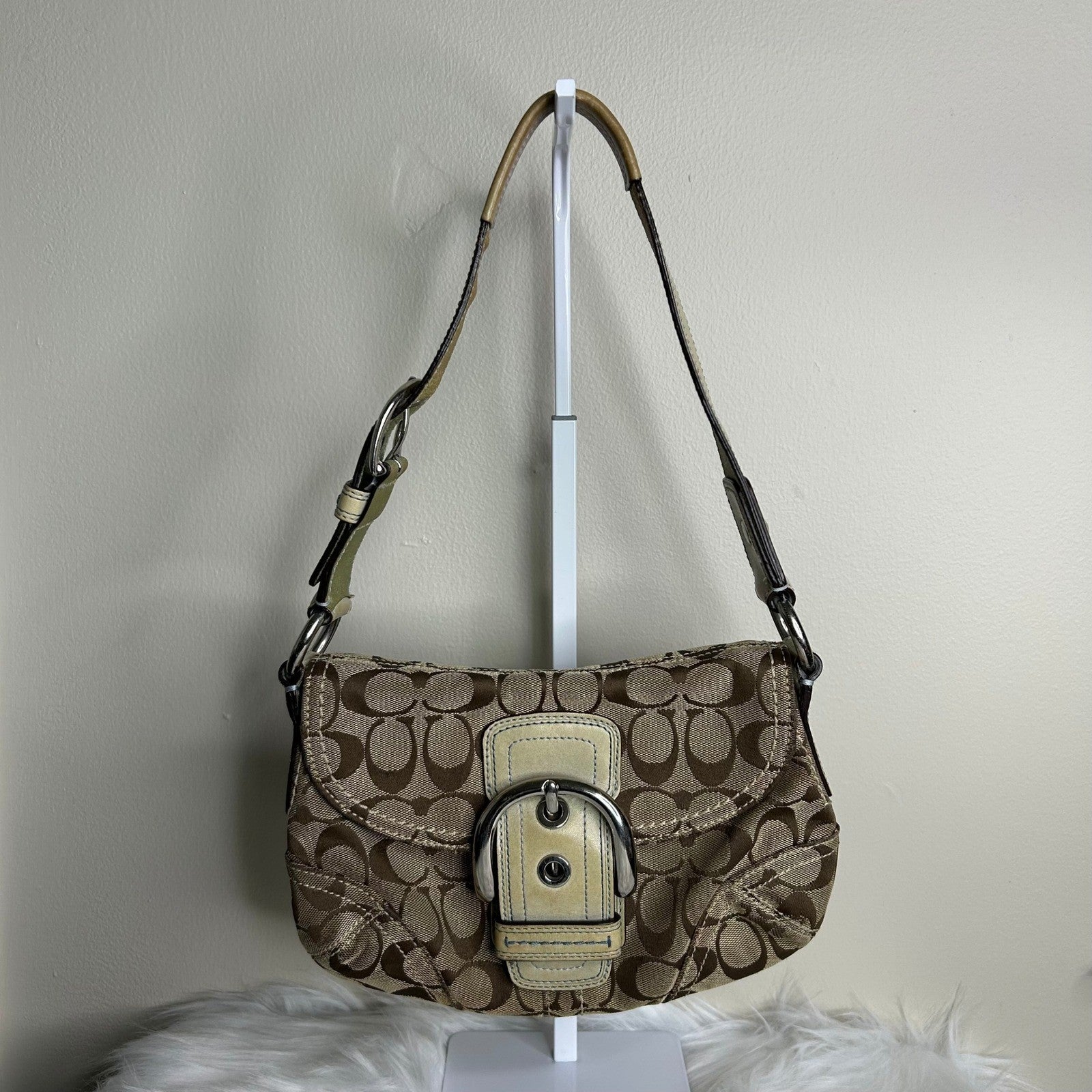 Coach Soho Signature Flap Brown Blue Canvas Leather Shoulder Bag D0871-11860