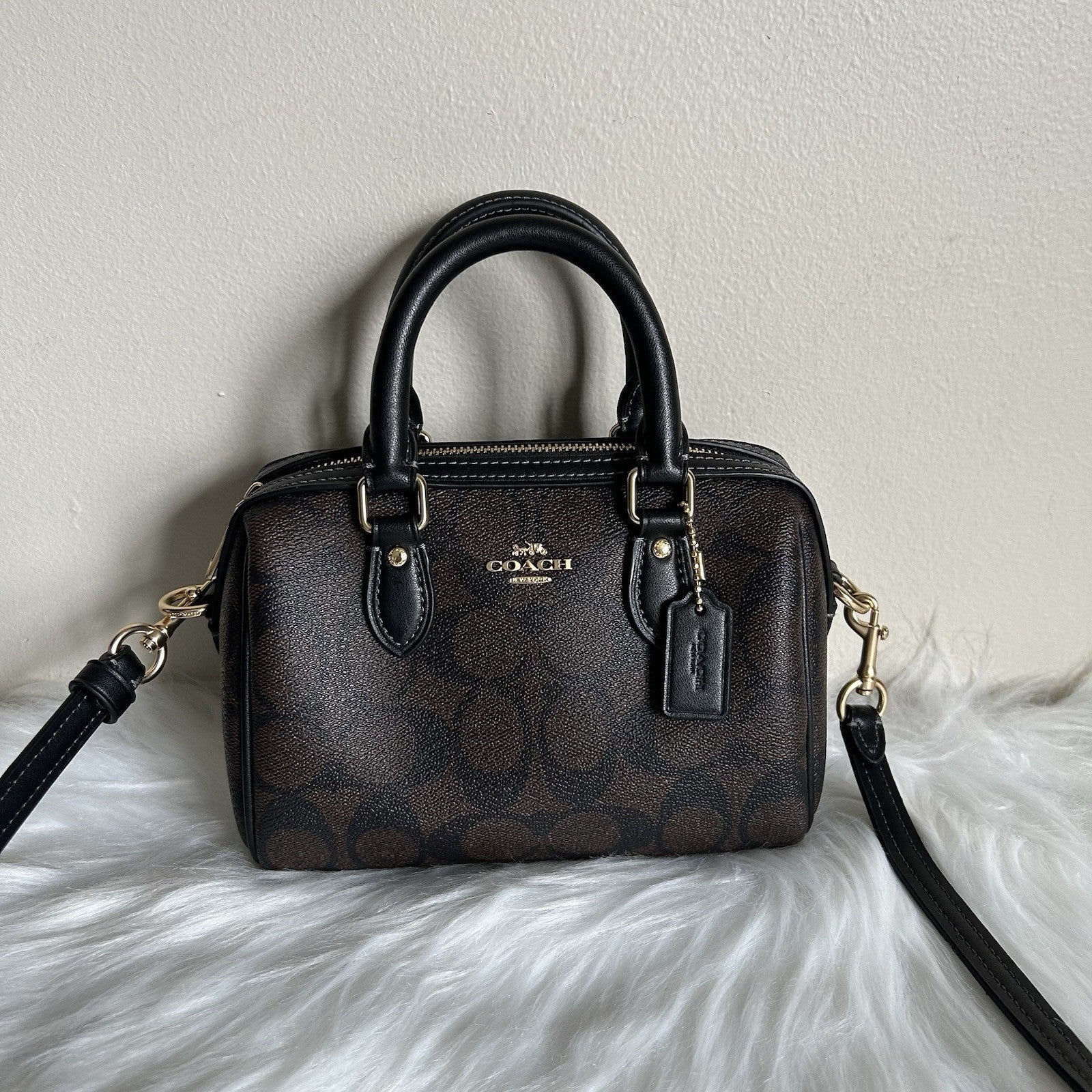 Coach Mini Rowan Brown Black Signature Canvas Leather Satchel Bag Excellent