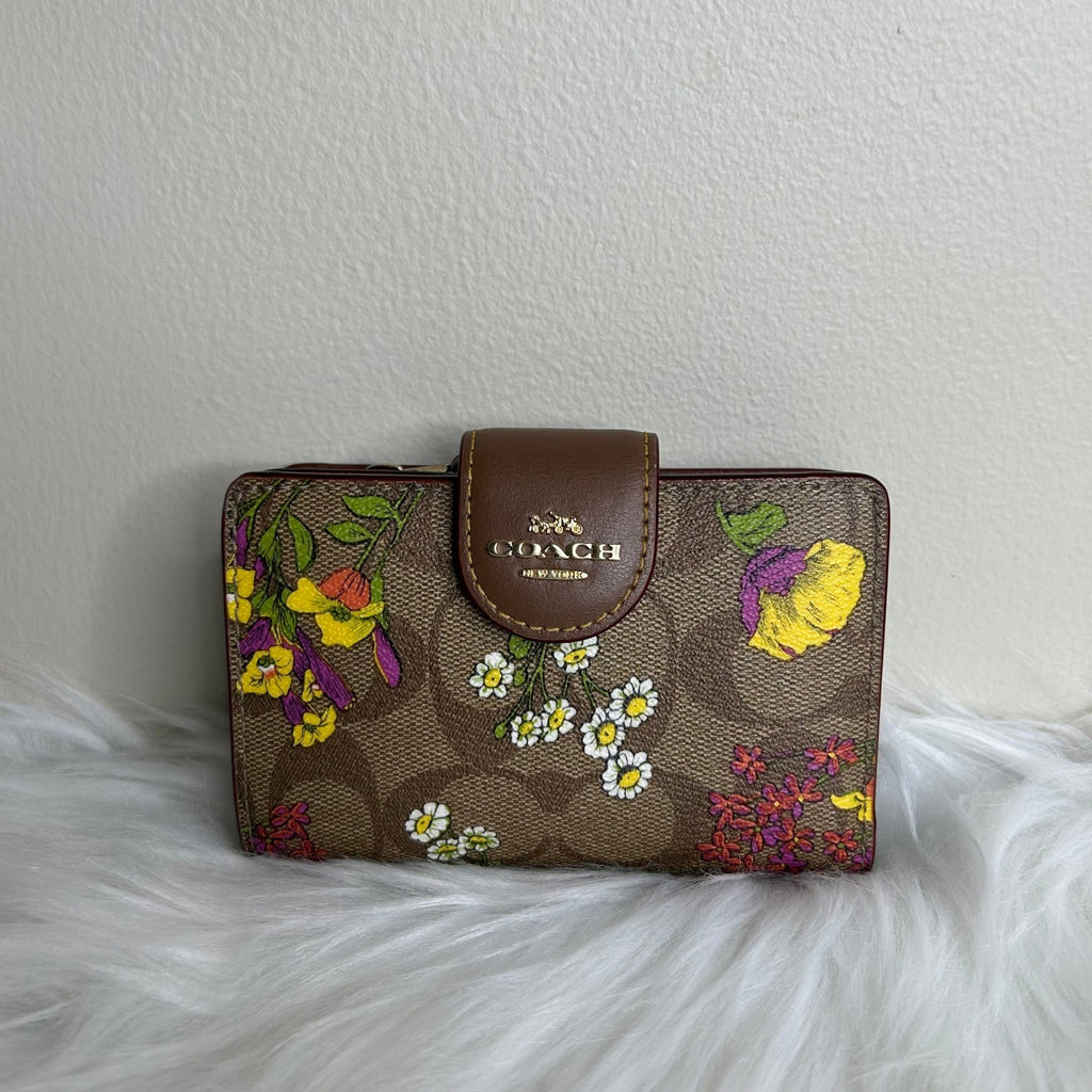 Coach Medium Corner Zip Wallet Brown Wildflower Signature Canvas Excellent