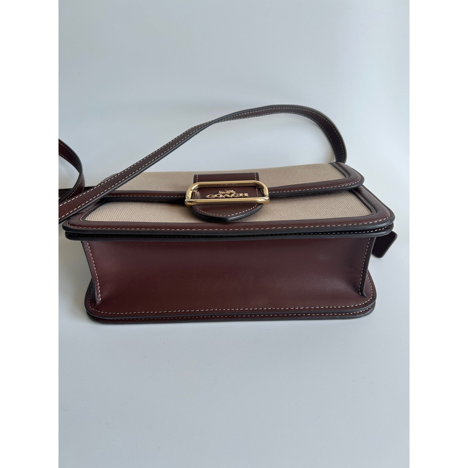 Coach Morgan Burgundy Leather Beige Canvas Shoulder Bag CS191 Excellent