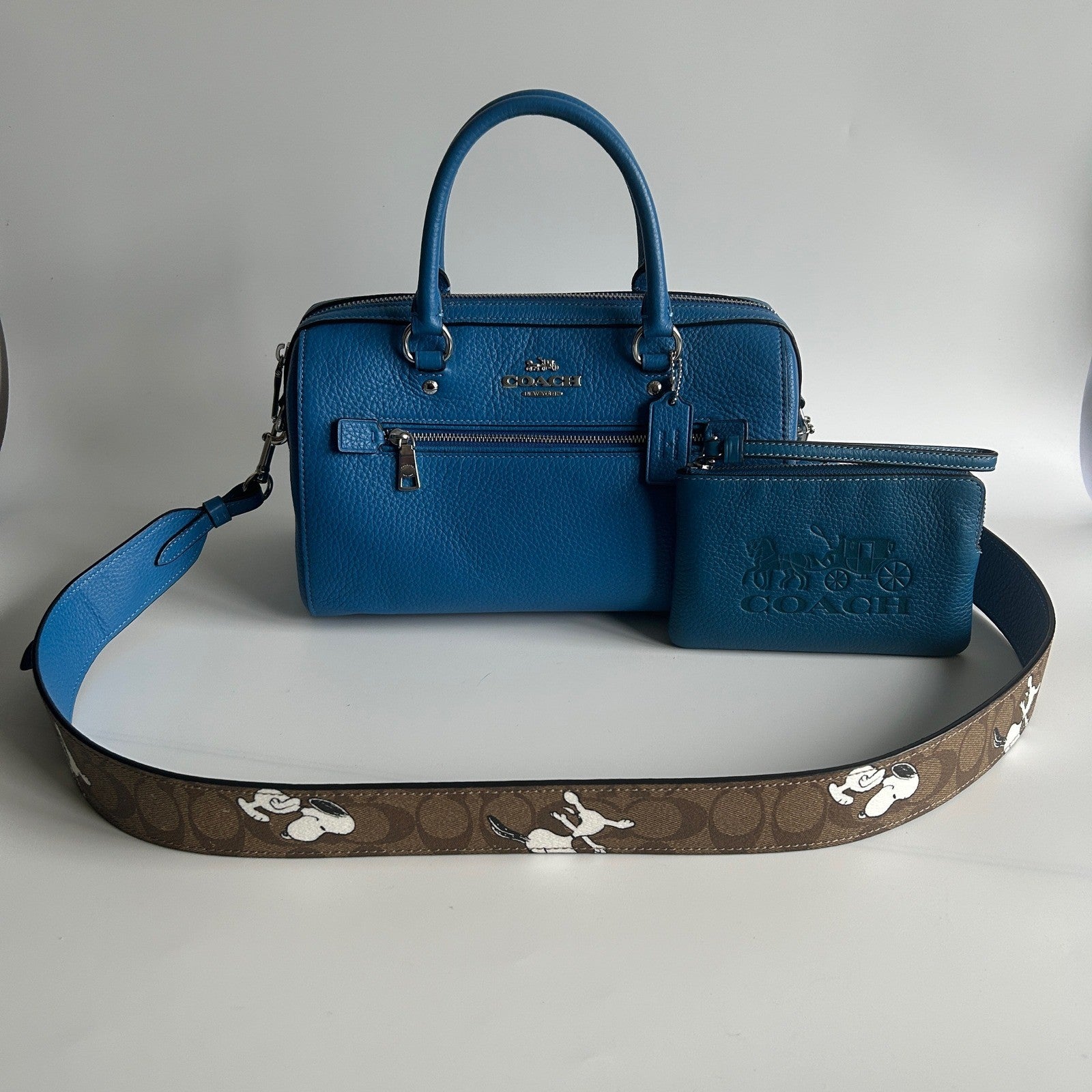 Coach Peanuts Rowan Blue Pebbled Leather Satchel Excellent