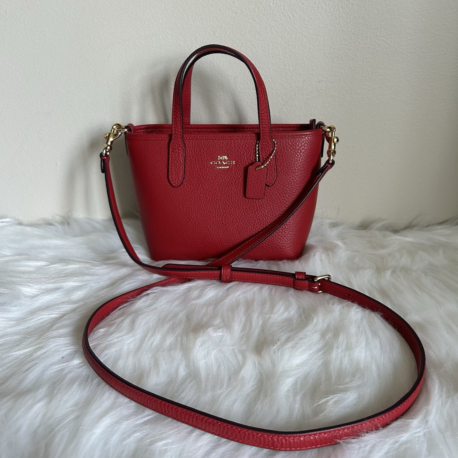 Coach Mini City Tote Red Pebbled Leather Shoulder Bag Excellent