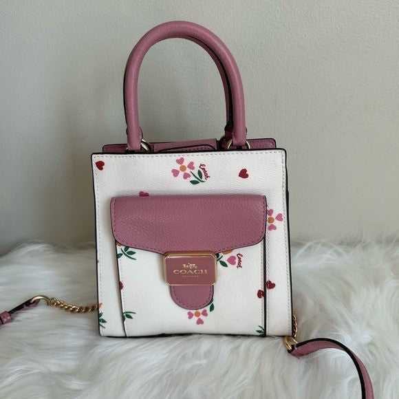 Coach North South Lonnie Tote White Pink Floral Leather Crossbody Excellent