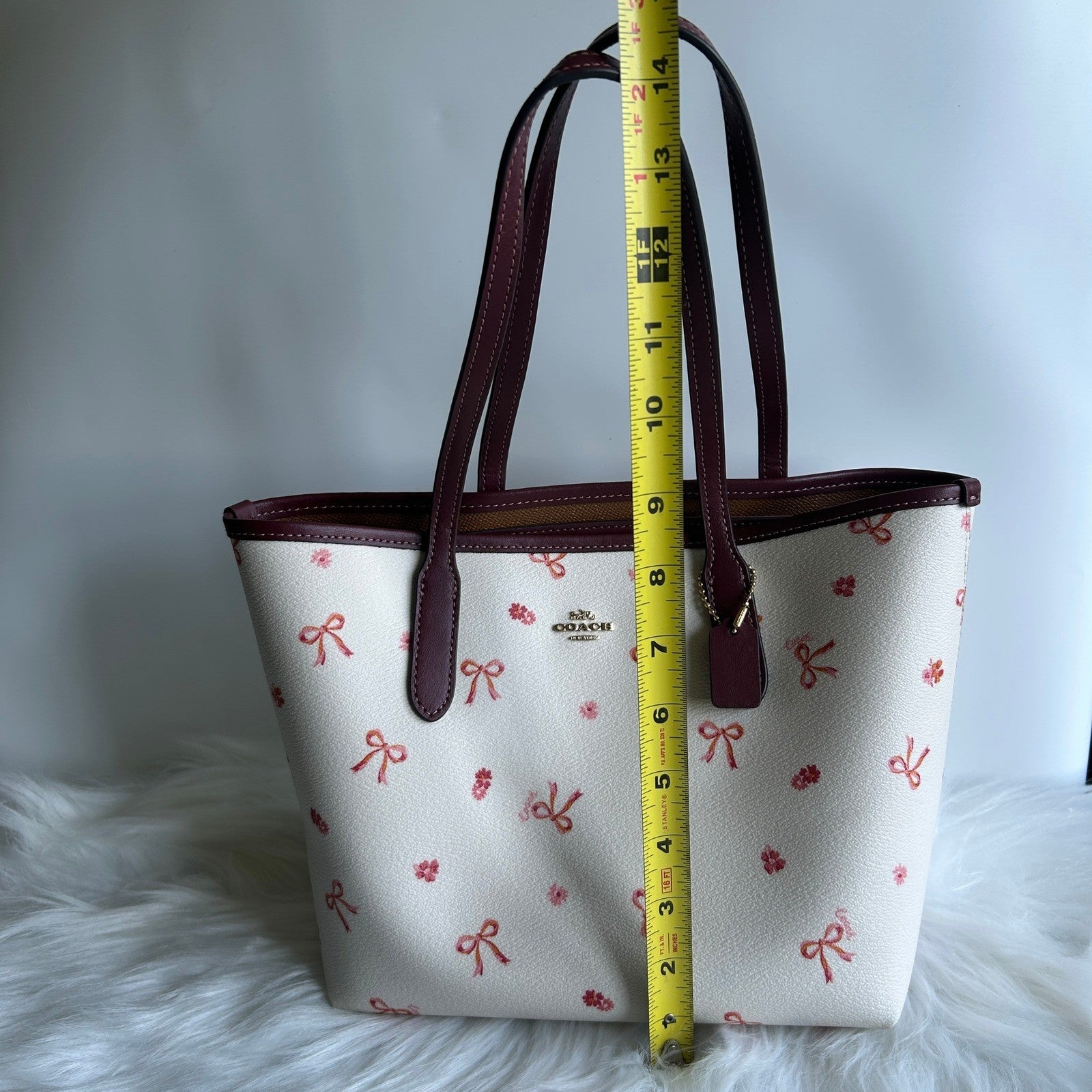 Coach Mini City Tote Chalk White Bow Floral Leather Shoulder Bag Good