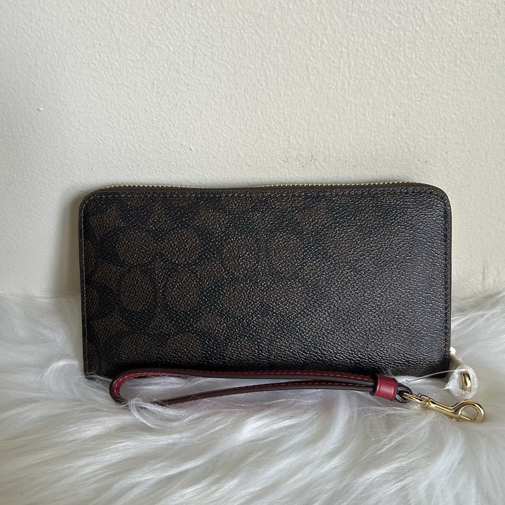 Coach Long Zip Around Wallet Walnut True Red Signature Canvas New