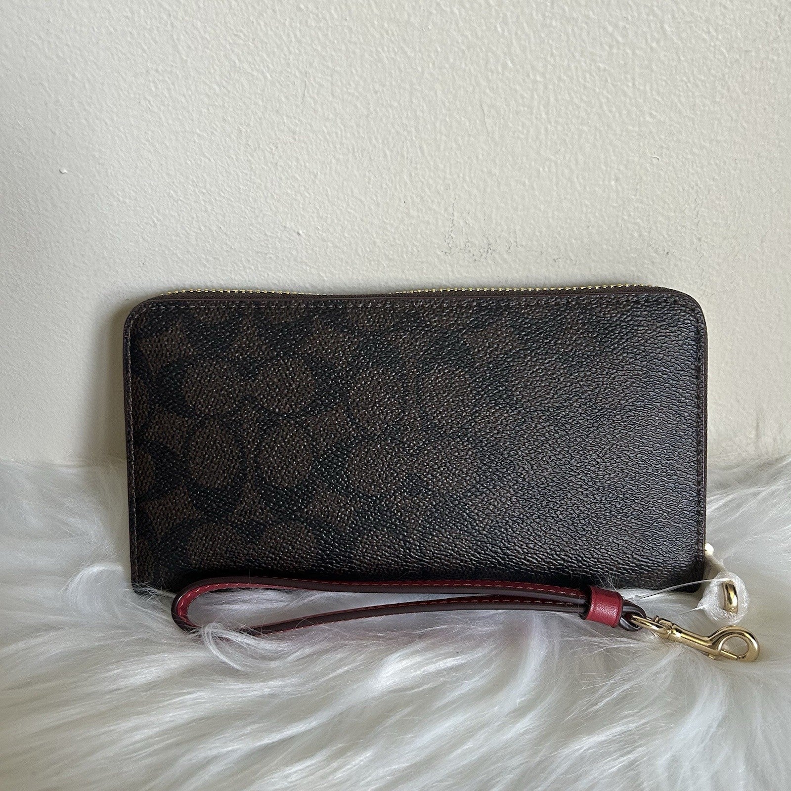 Coach Long Zip Around Wallet Walnut True Red Signature Canvas New