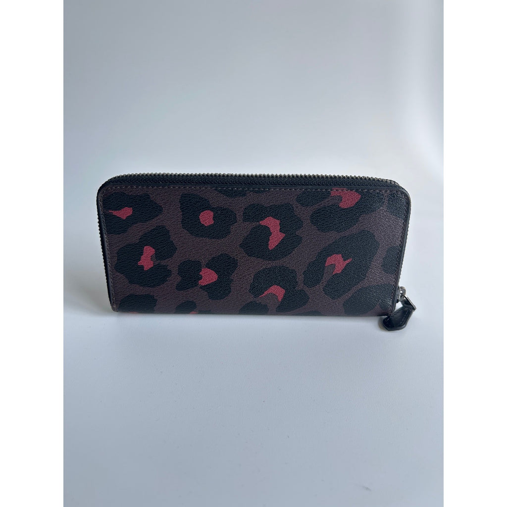 Coach Accordion Zip Brown Red Leopard Coated Canvas Wallet Excellent