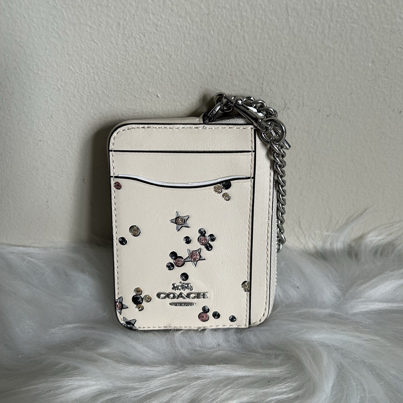Coach Zip Card Case Chalk White Leather Star Glitter ID Window Chain Wristlet