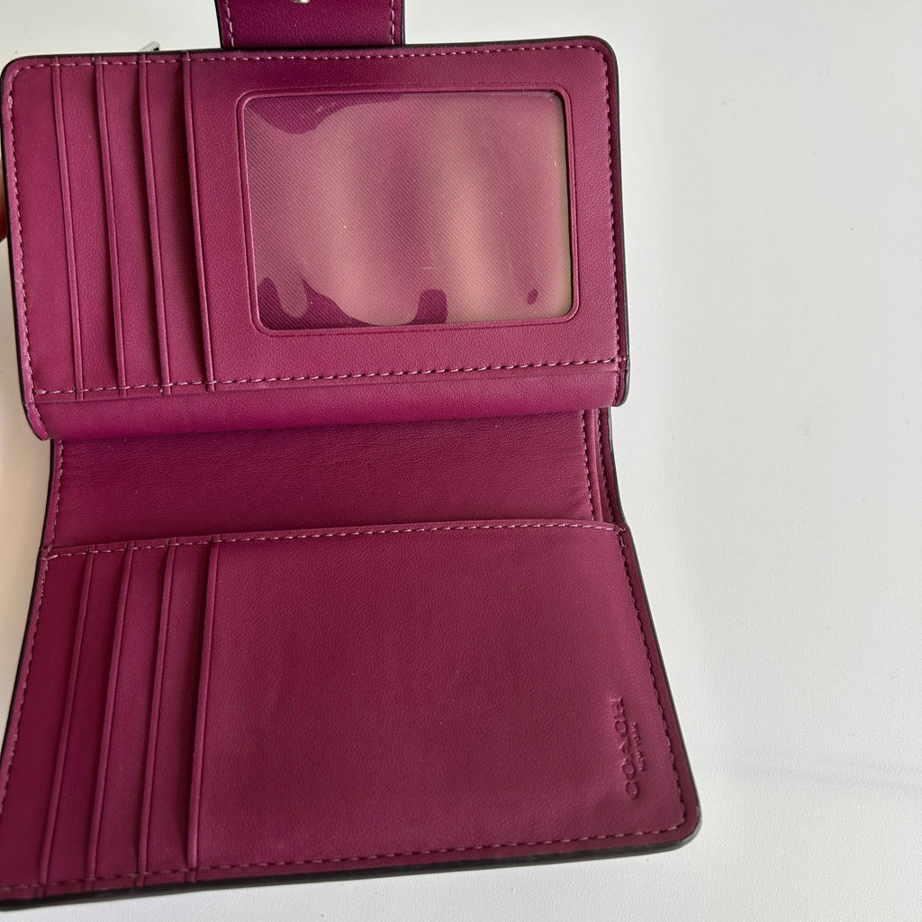 Coach Medium Corner Zip Wallet Khaki Fuchsia Floral Canvas Leather Excellent