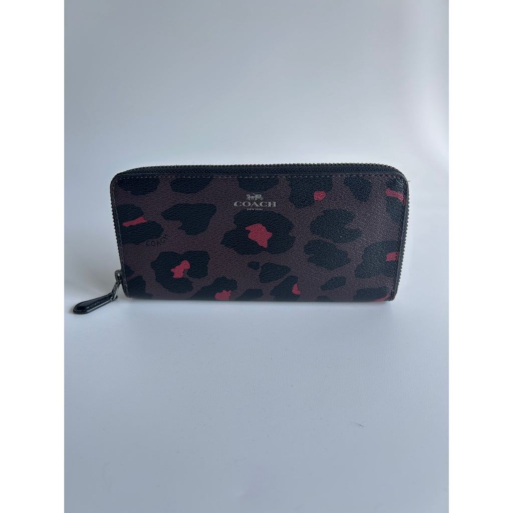 Coach Accordion Zip Brown Red Leopard Coated Canvas Wallet Excellent