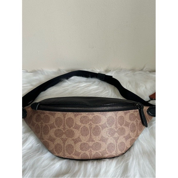 Coach Warren Belt Bag Signature Canvas Black Pebble Leather Brown C7703