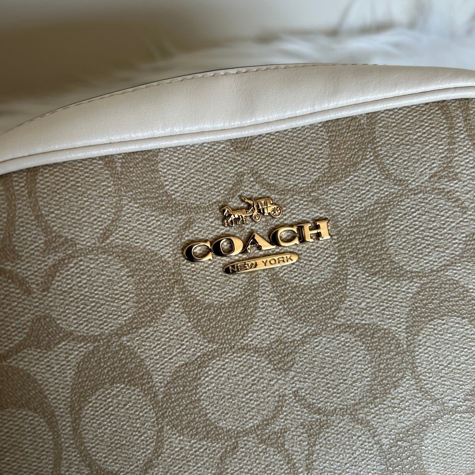 Coach Mini Jamie Light Khaki Chalk Signature Canvas Camera Bag Good