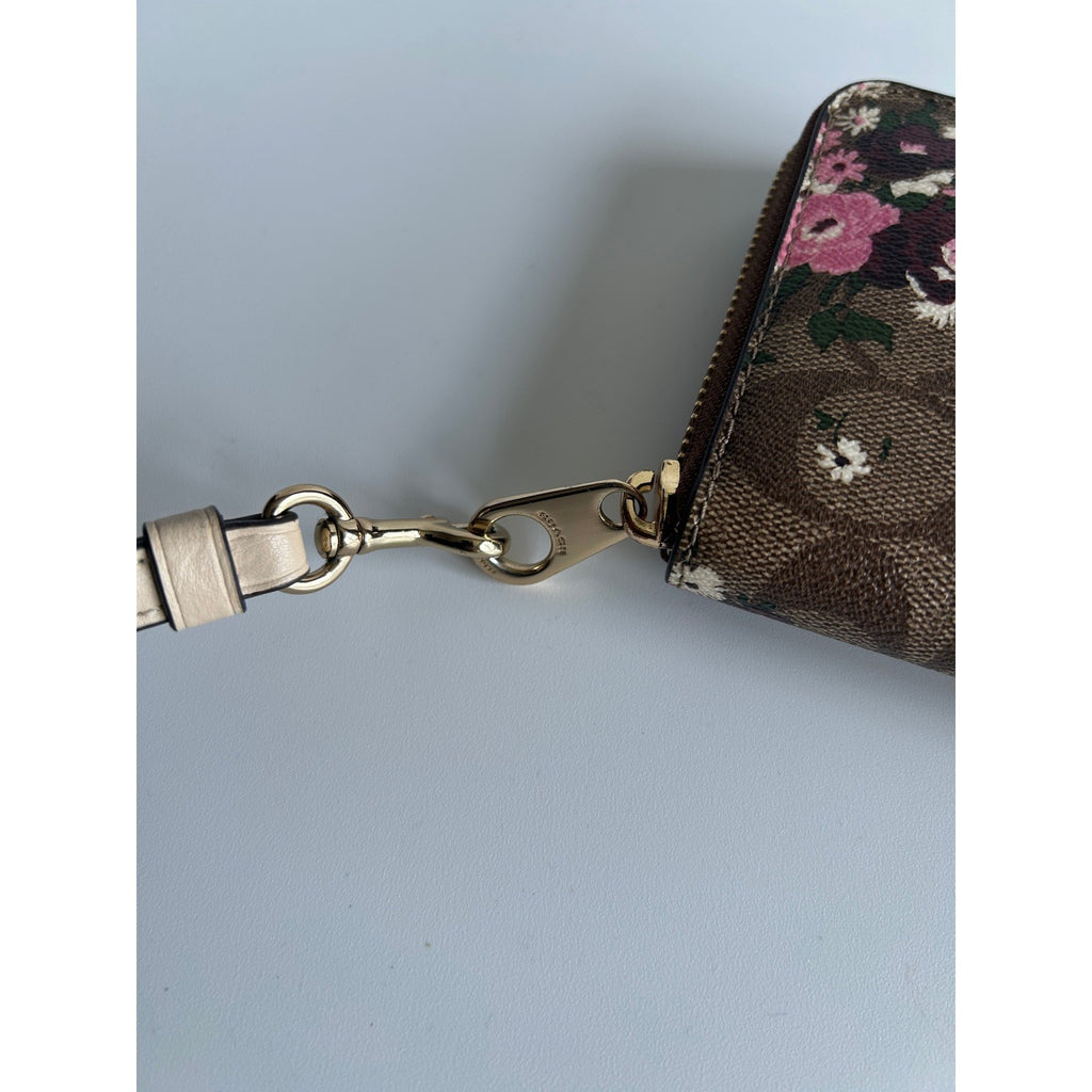 Coach Floral Signature Brown Pink Canvas Accordion Zip Wristlet Excellent