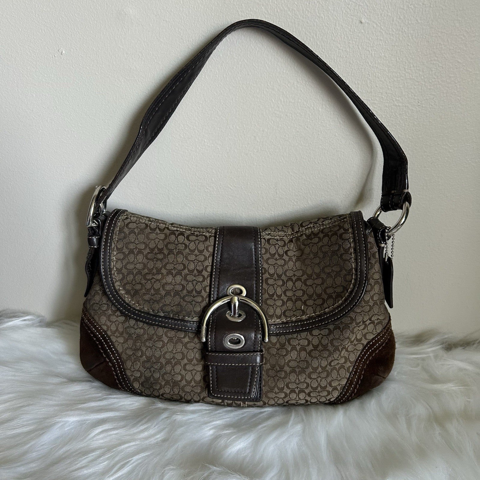Coach Large Soho Brown Suede Leather Signature Canvas Shoulder Bag
