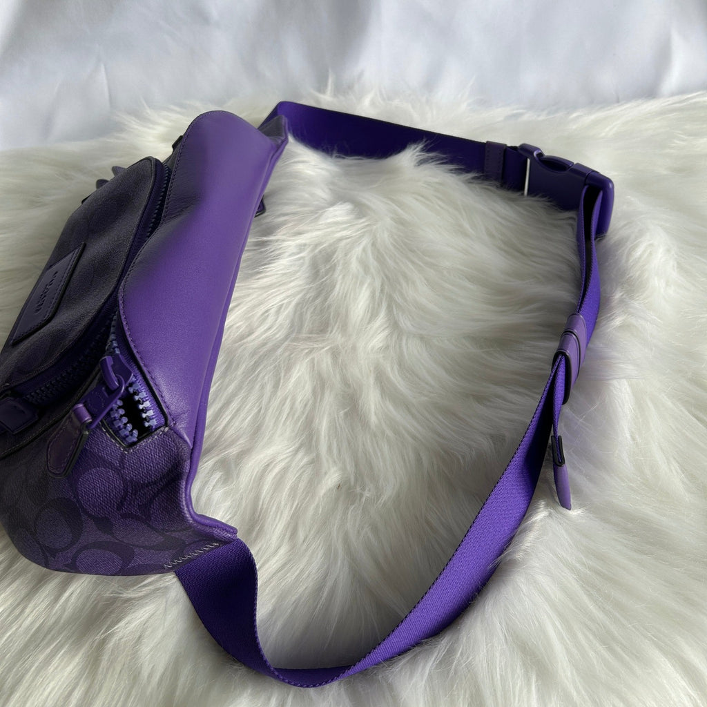 Coach Track Belt Bag Purple Signature Canvas Leather C9893 Good Condition