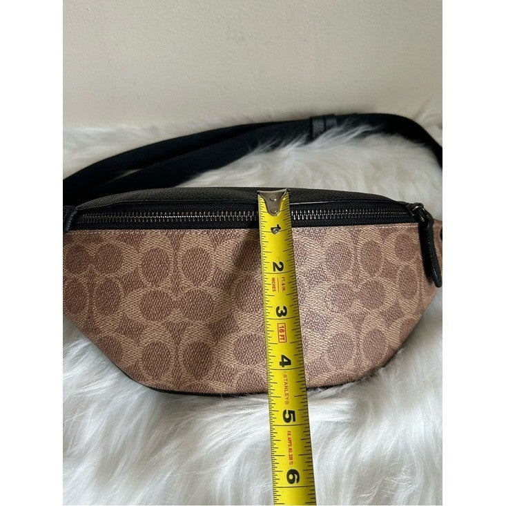 Coach Warren Belt Bag Signature Canvas Black Pebble Leather Brown C7703