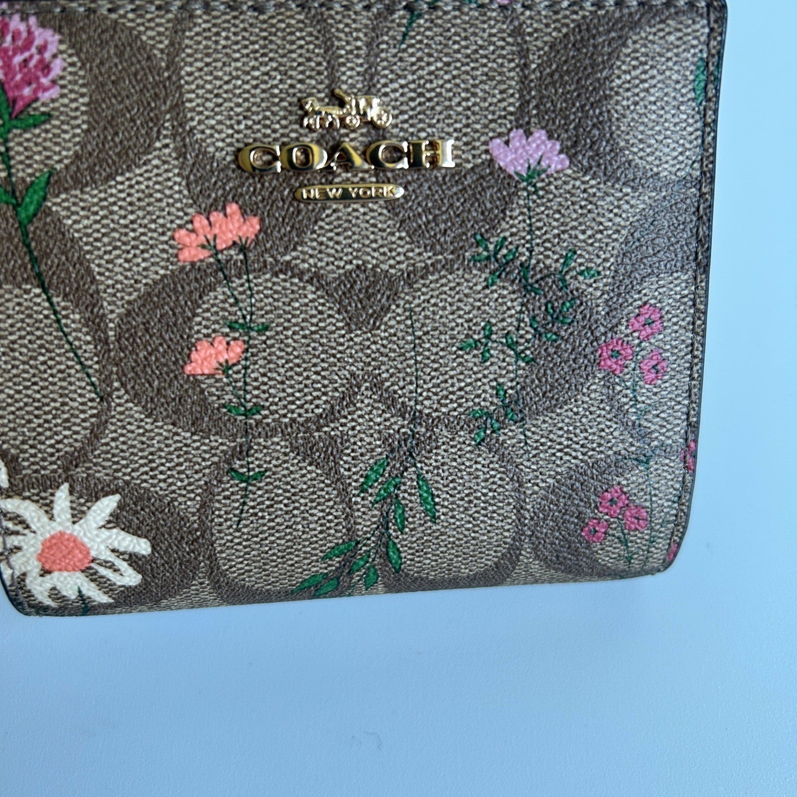 Coach Snap Wallet Brown Wildflower Signature Canvas Leather Bifold Excellent