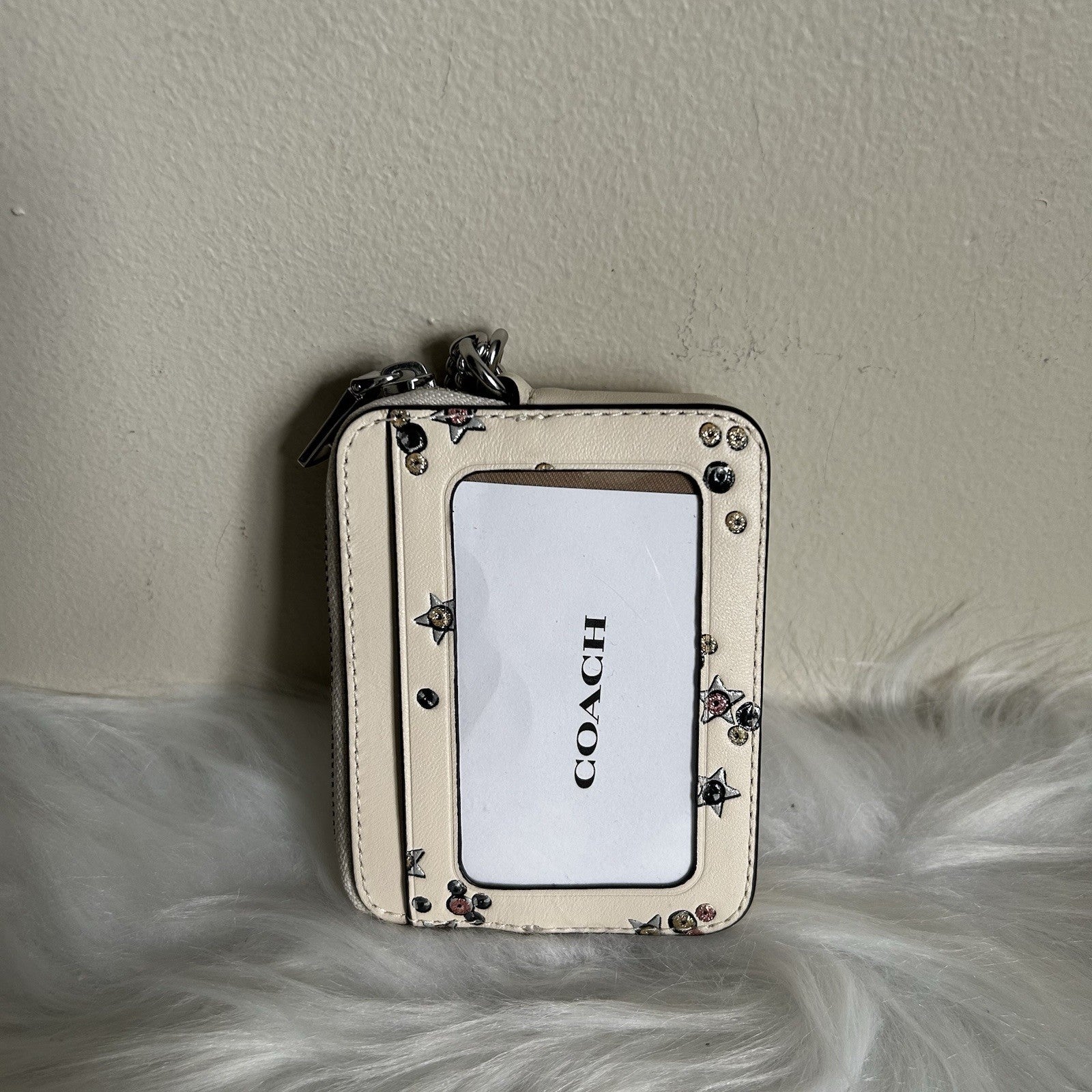 Coach Zip Card Case Chalk White Leather Star Glitter ID Window Chain Wristlet