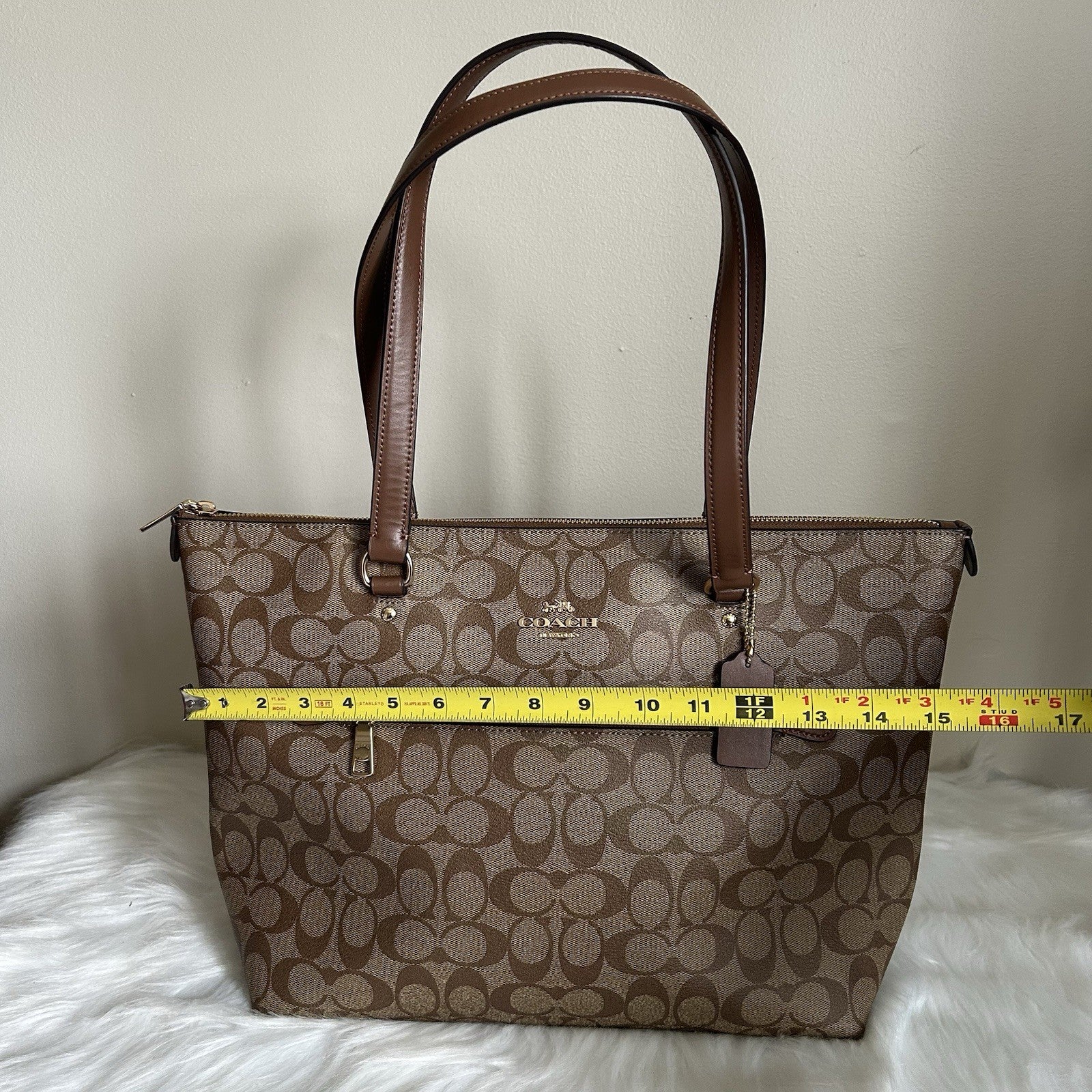 Coach Gallery Tote Khaki Saddle Signature Canvas Leather Shoulder Bag Excellent
